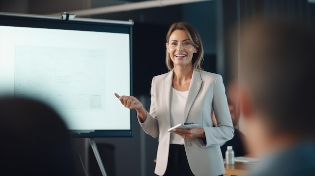 Foto donna intelligente presente lavoro e ha ricevuto elogi e complimenti da collega di squadra la gente applaude mani con sorriso felice congratulazioni in sala riunioni finanza aziendale