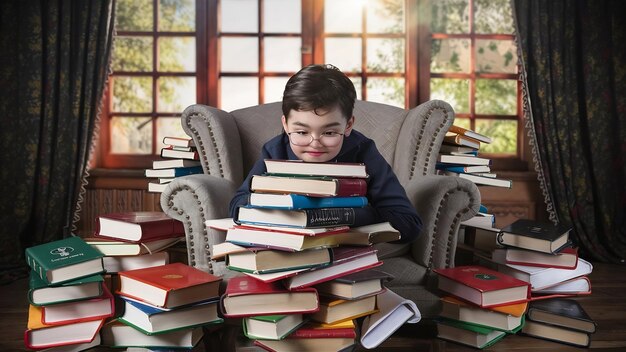 Smart young student and pile of books