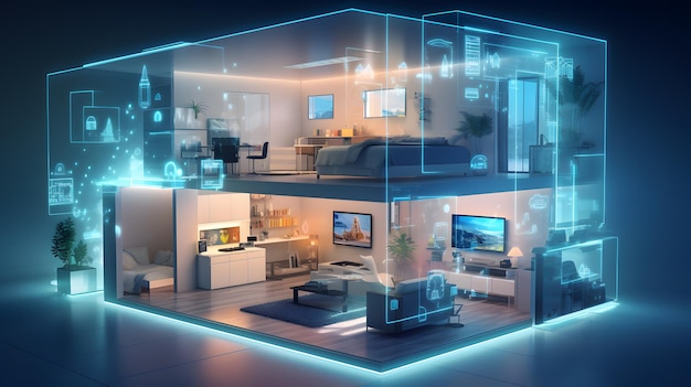 Smarthome isometric concept with IoT AI hologram explanation