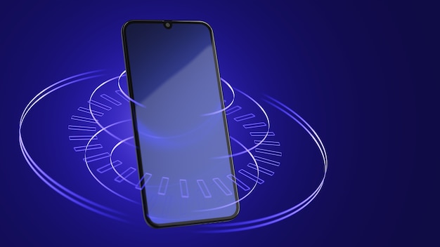 Smartphone on an abstract blue background with lines. Digital world concept. 3d rendering.