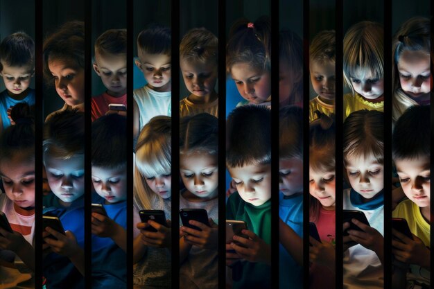 Photo smartphone addiction group of little children kids playing with phone together nomophobia