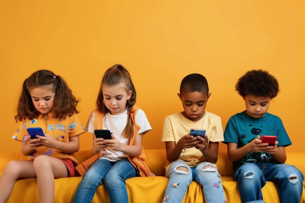 Photo smartphone addiction group of little children kids playing with phone together nomophobia