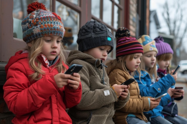 Photo smartphone addiction group of little children kids playing with phone together nomophobia