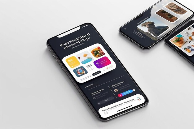Smartphone app interface en social post presentatie mockup geïsoleerd