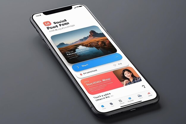 스마트폰 앱 인터페이스와 소셜 포스트 프레젠테이션 모이 고립되어 있습니다.