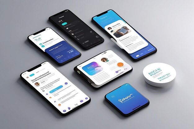 스마트폰 앱 인터페이스와 소셜 포스트 프레젠테이션 모이 고립되어 있습니다.