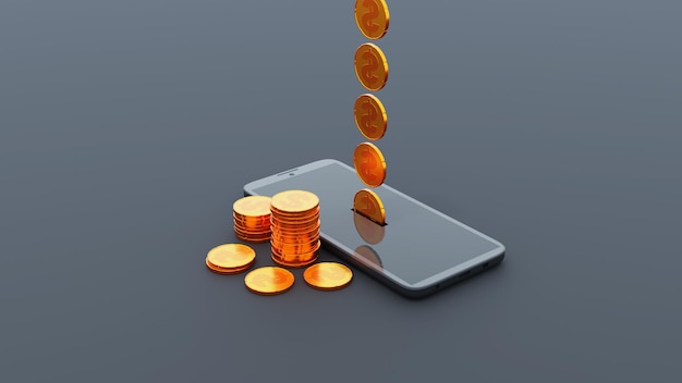 Smartphone as piggy bank with golden coin on its screen