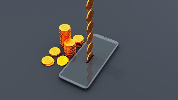 Smartphone as piggy bank with golden coin on its screen