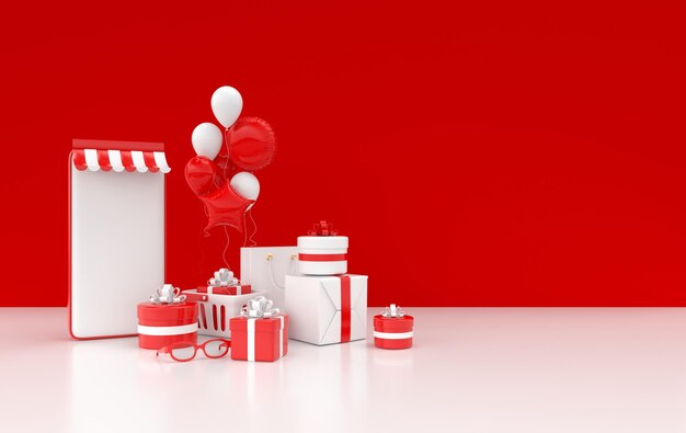 Смартфон воздушные шары корзина для покупок и подарочная коробка 3d-рендеринг
