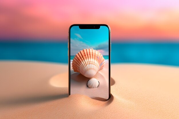 smartphone on the beach with a photo of a seashell on the screen saver Generative AI