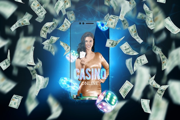 In the smartphone, a beautiful girl with playing cards in her hand and dollar bills are falling. Online casino, gambling, betting, roulette. Website header, flyer, poster, template for advertising.