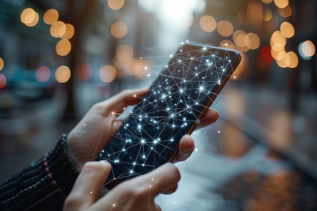 Foto smartphone bij de hand met network dots-technologie gecreëerd met generative ai