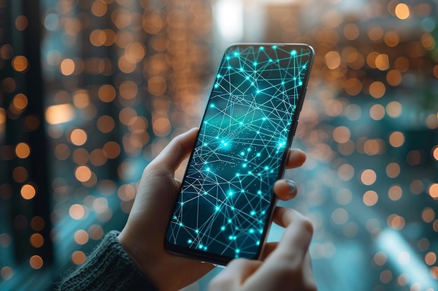 Foto smartphone bij de hand met network dots-technologie gecreëerd met generative ai