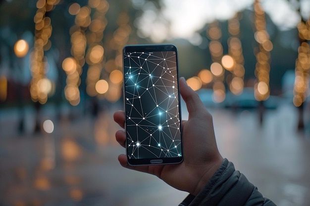 Foto smartphone bij de hand met network dots-technologie gecreëerd met generative ai