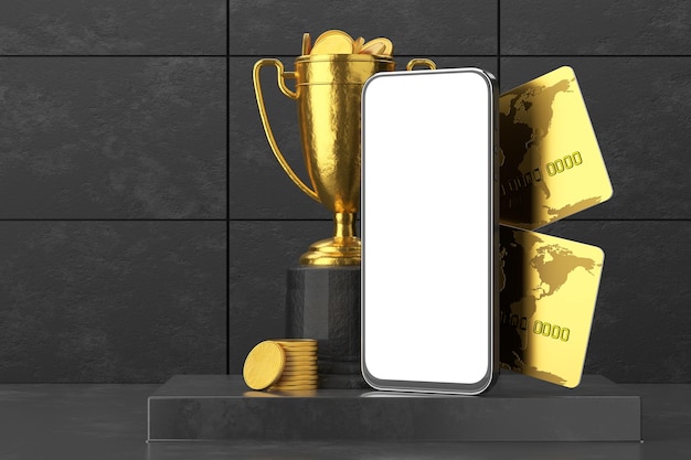 Smartphone blanco voor uw toepassing of syata. smafrtphone met gouden bekers, munten en bankkaarten op een betonnen ondergrond. 3d render.