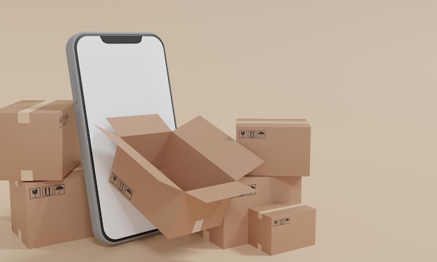 Il display vuoto dello smartphone con la scatola dei pacchi della pila vuota è stato aperto il pin di consegna della posizione gps concept per il servizio di consegna veloceconsegna e shopping online concept3d rendering illustrazione