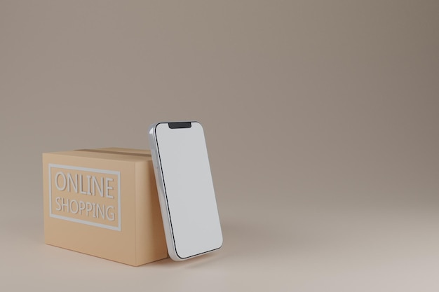 Smartphone blank display with parcel box delivery concept for\
fast delivery servicedelivery and shopping online concept3d\
rendering illustration