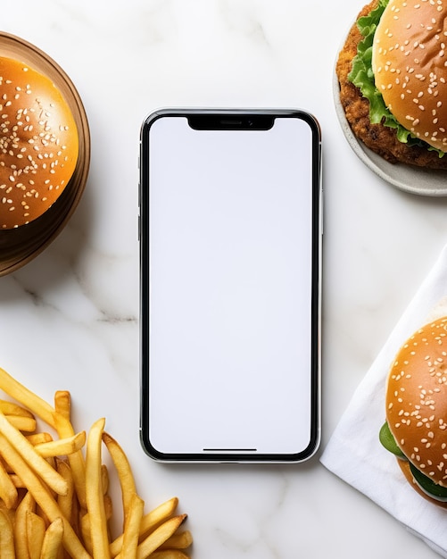 Photo smartphone blank screen on marble background hamburgers and french fries ordering fast food an app