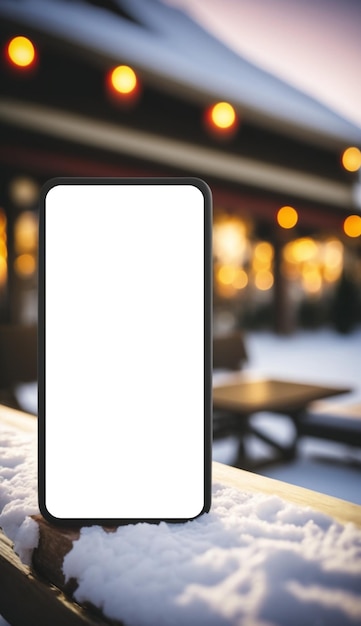 겨울 휴양지 배경에 있는 스마트폰 빈 화면 모형 생성된 디자인 AI용 템플릿