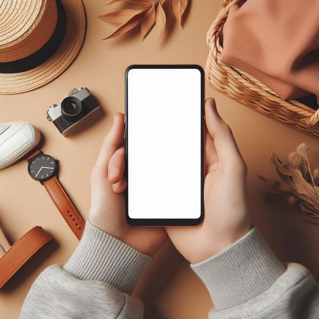 Photo smartphone blank screen mockup people hands flat lay