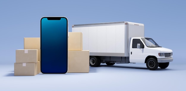 Smartphone and boxes with cargo truck Business Logistics concept Global business connection technology Online shopping ecommerce style 3d rendering