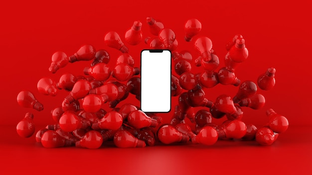 Smartphone and bulbs on red background 3D Illustration