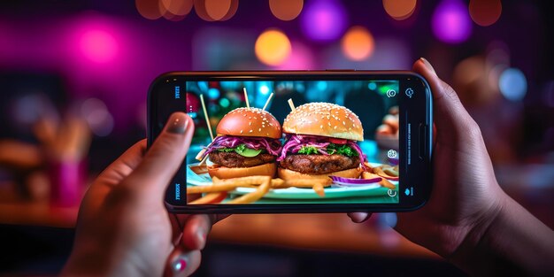 Photo smartphone captures juicy burgers in vibrant eatery casual dining and food photography share your meal online modern lifestyle trend ai