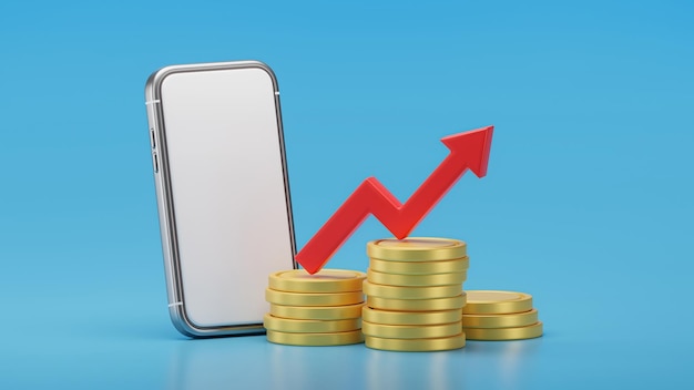 Smartphone, coins and red up arrow. Money and growth of capital. Online business stock market