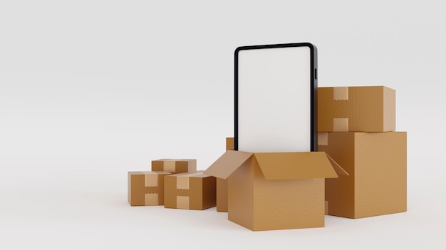 Smartphone coming out of cardboard box online shopping delivery business concept 3D rendering