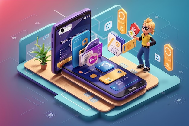 Smartphone concept with security credit card financial transactions protection 3d isometric design