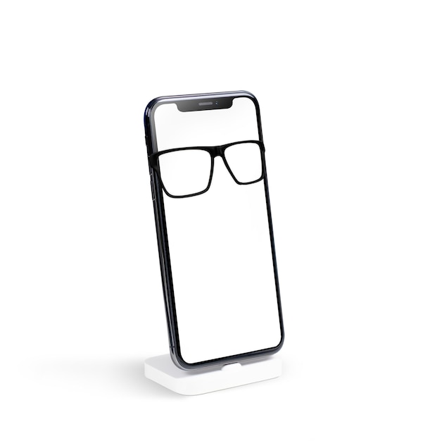 白い背景で隔離の画面に眼鏡の描画とスマート フォン デバイスのモックアップ