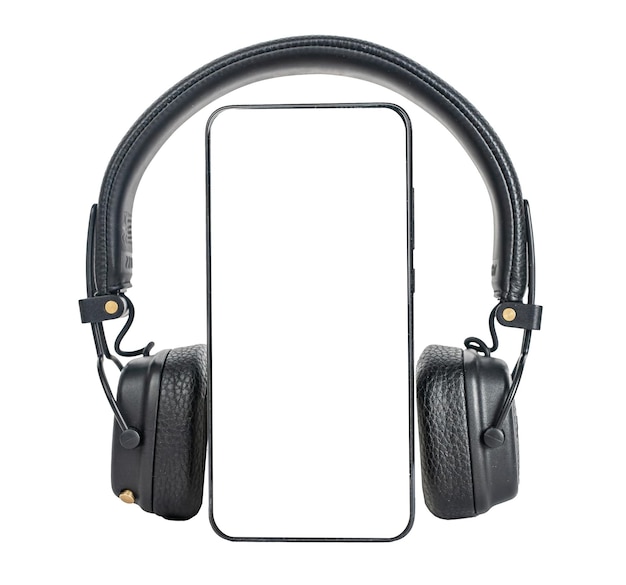 Smartphone display mockup telefoonscherm mock up met draadloze koptelefoon voor het luisteren naar muziek audio podcast