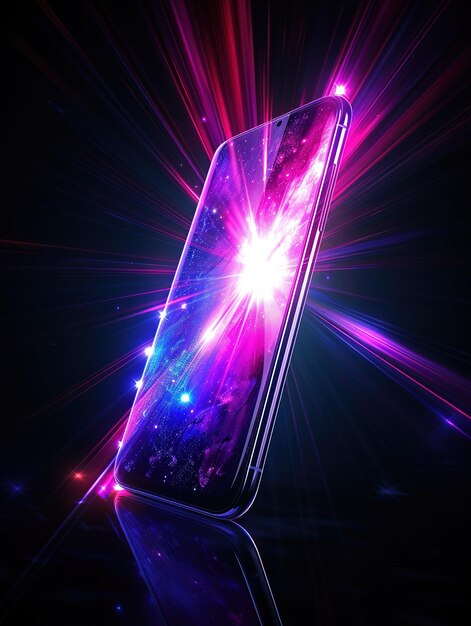 Дисплей смартфона, демонстрирующий динамический светящийся градиентный фон, лучи света проникают в темноту вокруг