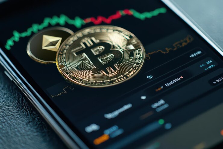 A smartphone displaying cryptocurrency charts with Bitcoin and Ethereum coins