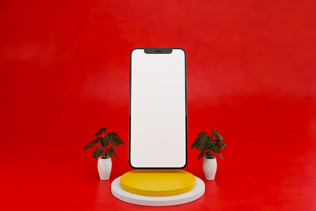 Smartphone drijvend met leeg scherm op podium met twee planten rode achtergrond 3d-rendering