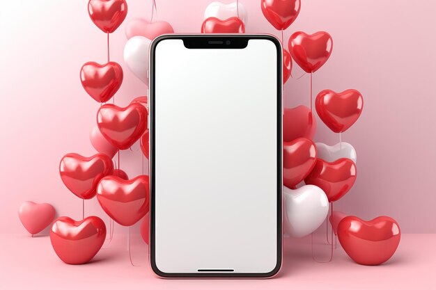 Photo smartphone empty clean screen surrendered red balloons heart shaped greeting card mockup copy space