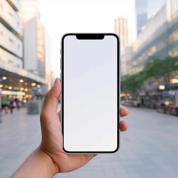 smartphone empty screen in persons hand in modern green color mock up