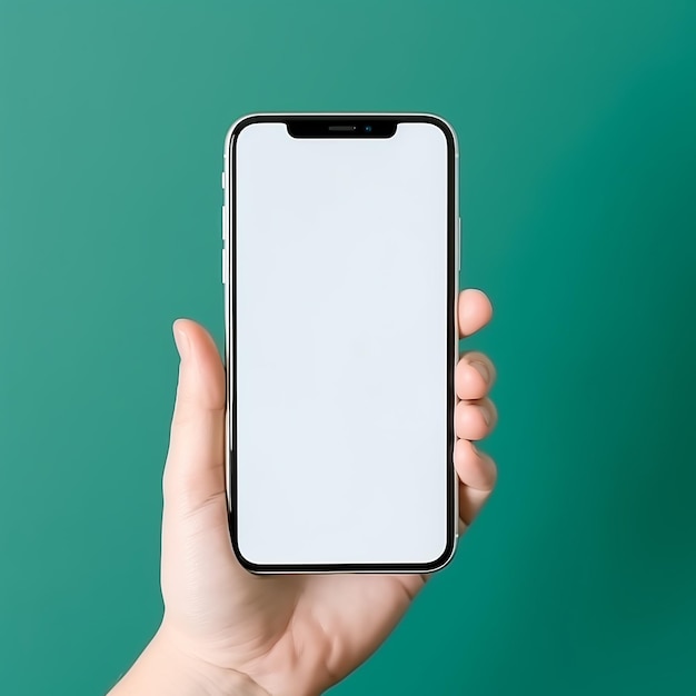 smartphone empty screen in persons hand in modern green color mock up