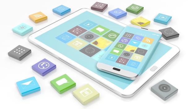 Foto smartphone en tablet met apps in de vorm van een afgeschuind vierkant geïsoleerd op een witte achtergrond