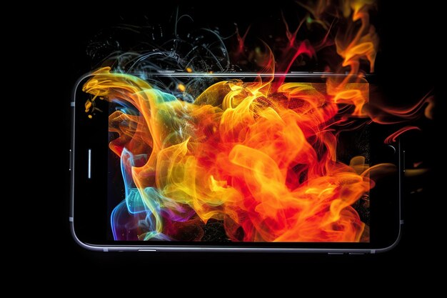 Smartphone engulfed in fiery psychedelic tongues of flames Generative AI
