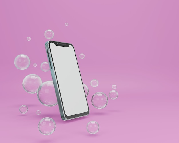 Smartphone flying mobile realistic screen isolated on light pink background concept 3D rendering