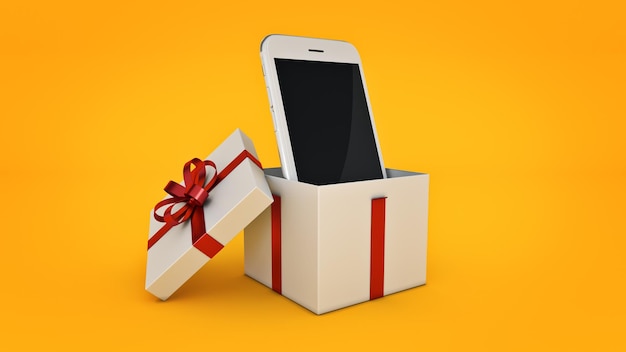 Rendering 3d di concetto di confezione regalo per smartphone