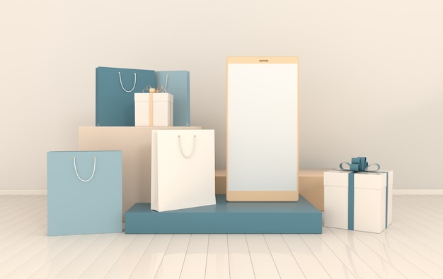 Photo smartphone gift box shopping bag mockup background in minimal style