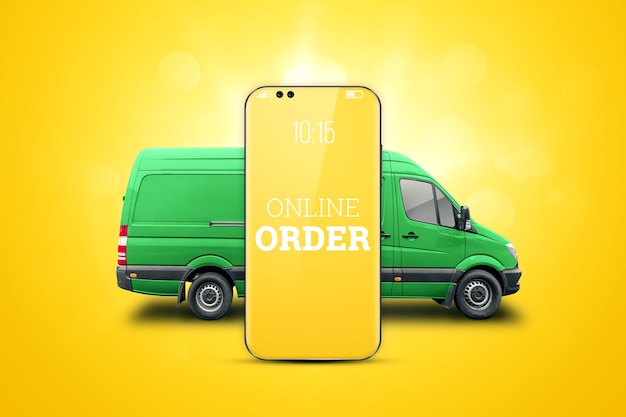 Smartphone and green minibus on a yellow background. Delivery concept, online ordering, phone application, moving. Delivery by car to anywhere.