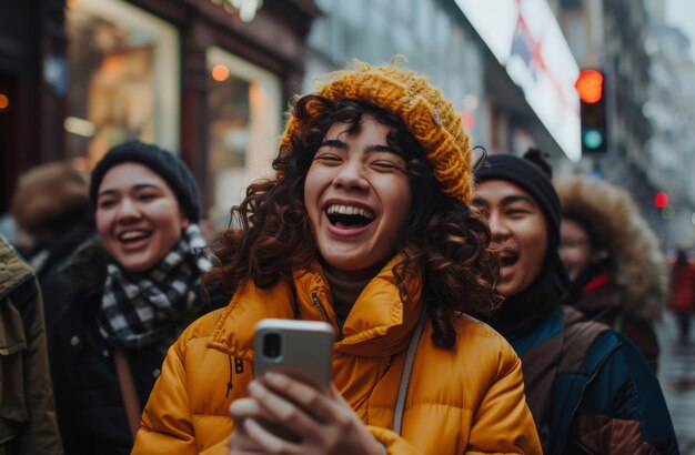 Gruppo di smartphone e amici che guardano una post divertente sui social media, una videochiamata o clip internet