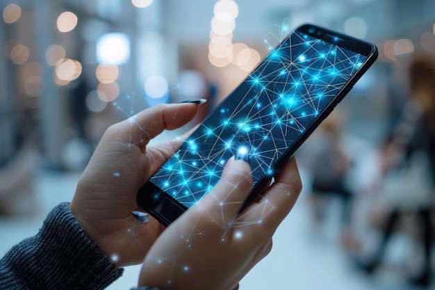 Smartphone on hand with Network dots technology created with Generative AI