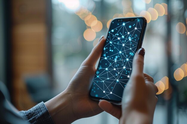 Smartphone on hand with Network dots technology created with Generative AI