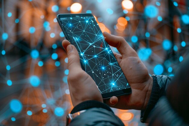 Smartphone on hand with Network dots technology created with Generative AI