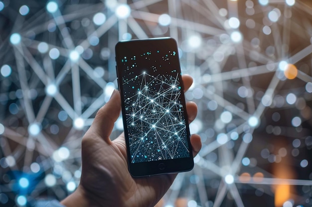 Smartphone on hand with Network dots technology created with Generative AI