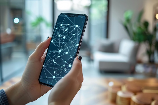 Smartphone on hand with Network dots technology created with Generative AI